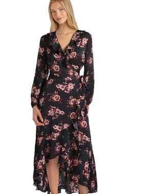 Parker Black Floral High-Low Wrap Dress with Pink Roses Size Medium